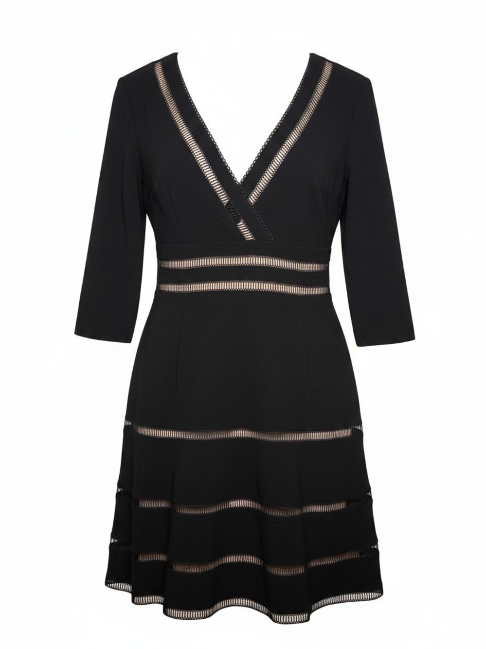 SHAN Black V-Neck Fit-and-Flare Dress with Sheer Banding Size 14